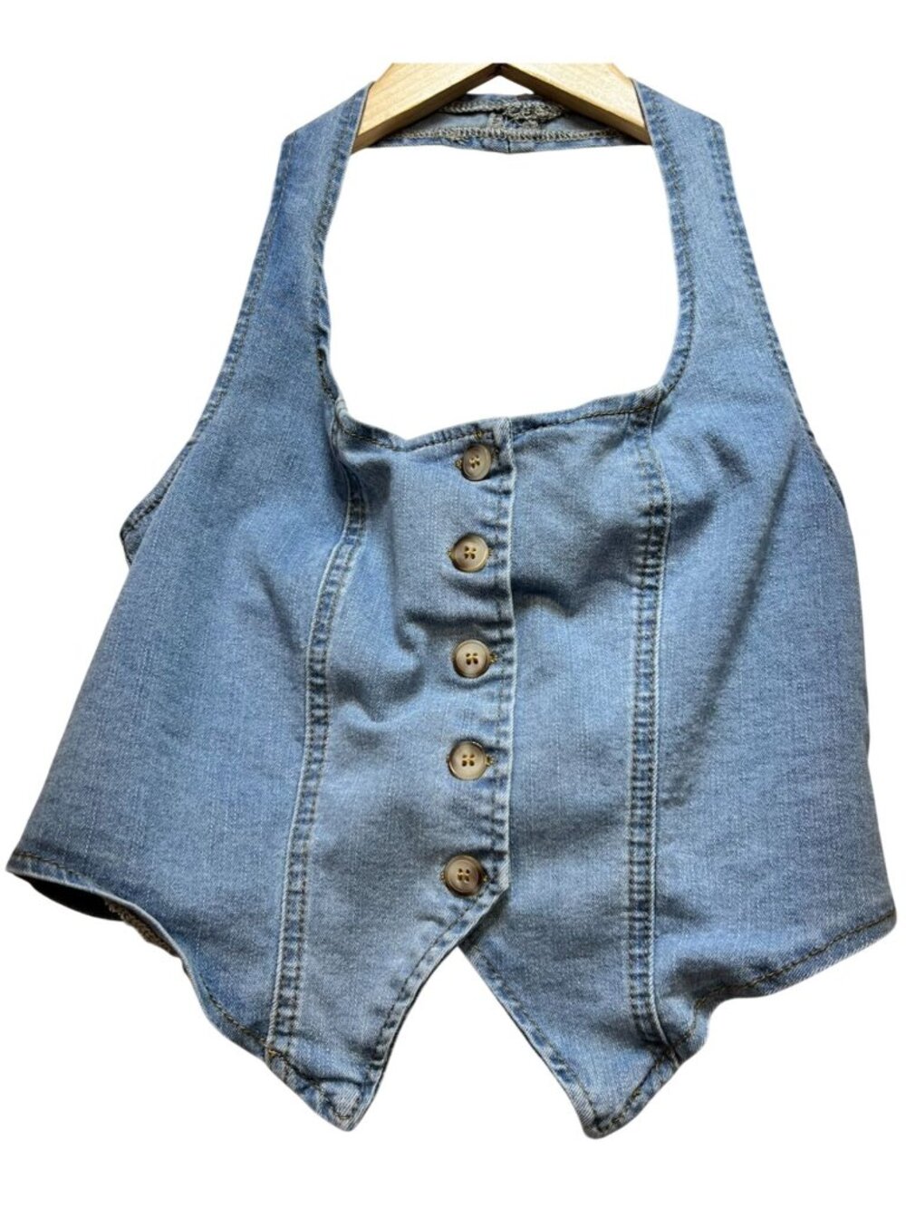 Women's Denim Halter Vest Top Button Front Stretch Size 4 Blue Light Wash